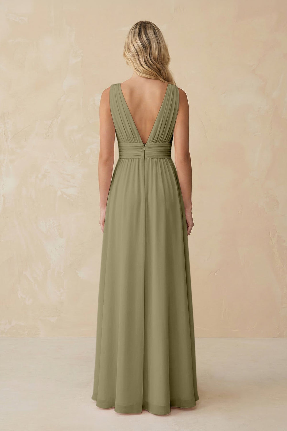 V - Neck A - Line Chiffon Ruched Bridesmaid Dress in Thyme - KISS BRIDAL Bridesmaid Dresses