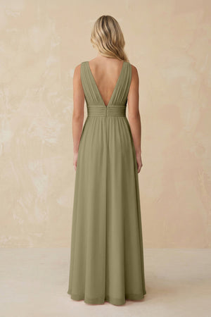 V - Neck A - Line Chiffon Ruched Bridesmaid Dress in Thyme - SHE IS ME Bridesmaid Dresses