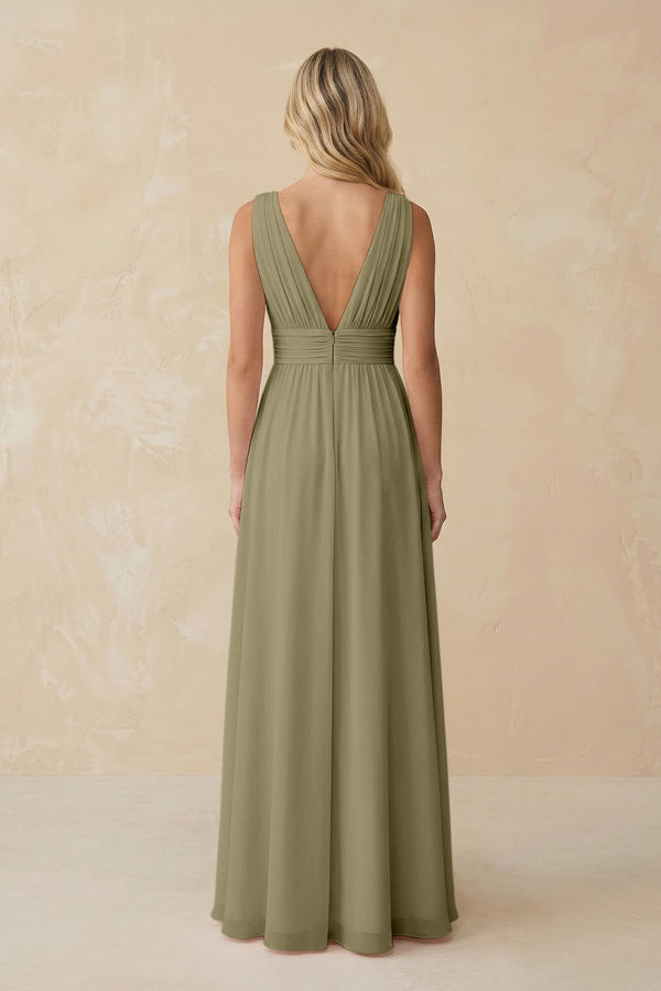V - Neck A - Line Chiffon Ruched Bridesmaid Dress in Thyme - SHE IS ME Bridesmaid Dresses