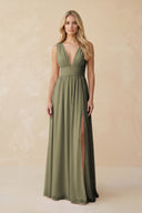 V-Neck A-Line Chiffon Ruched Bridesmaid Dress in Thyme | KISSBRIDAL