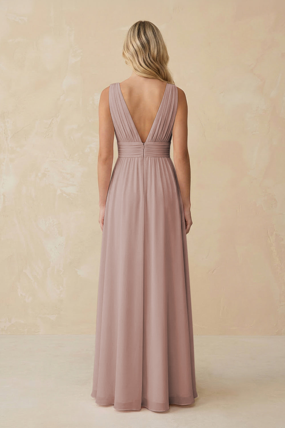 V-Neck A-Line Chiffon Ruched Bridesmaid Dress in Toffee