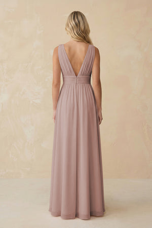 V-Neck A-Line Chiffon Ruched Bridesmaid Dress in Toffee (2) | KISSBRIDAL