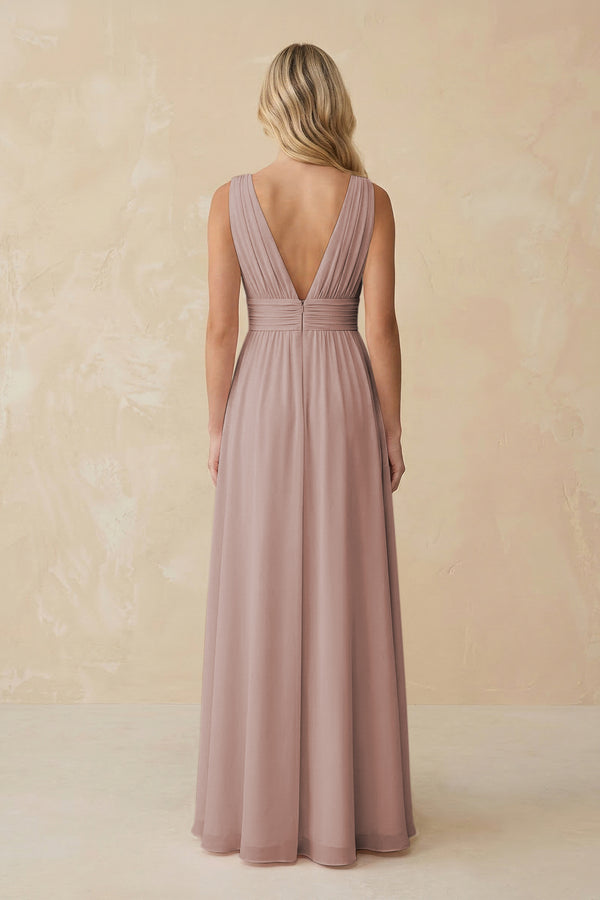 V-Neck A-Line Chiffon Ruched Bridesmaid Dress in Toffee (2) | KISSBRIDAL