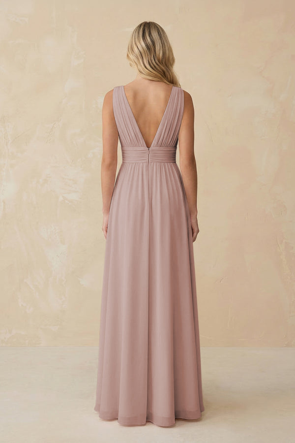 V - Neck A - Line Chiffon Ruched Bridesmaid Dress in Toffee - SHE IS ME Bridesmaid Dresses