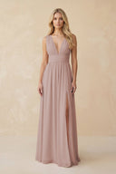 V - Neck A - Line Chiffon Ruched Bridesmaid Dress in Toffee - SHE IS ME Bridesmaid Dresses