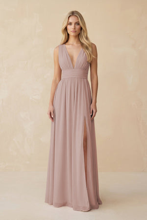 V - Neck A - Line Chiffon Ruched Bridesmaid Dress in Toffee - SHE IS ME Bridesmaid Dresses
