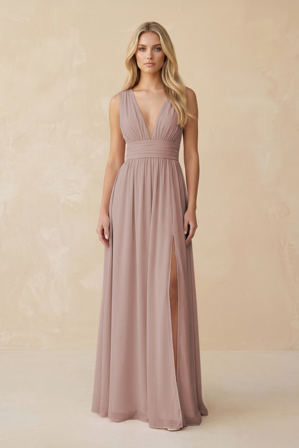 V-Neck A-Line Chiffon Ruched Bridesmaid Dress in Toffee