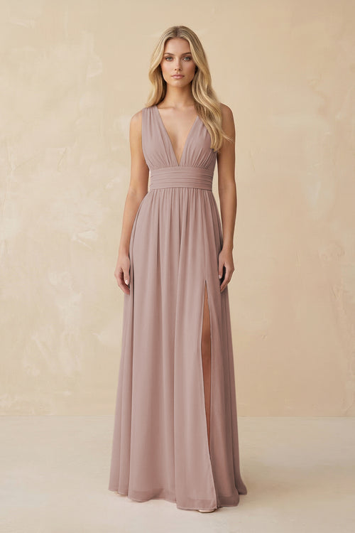 V-Neck A-Line Chiffon Ruched Bridesmaid Dress in Toffee | KISSBRIDAL