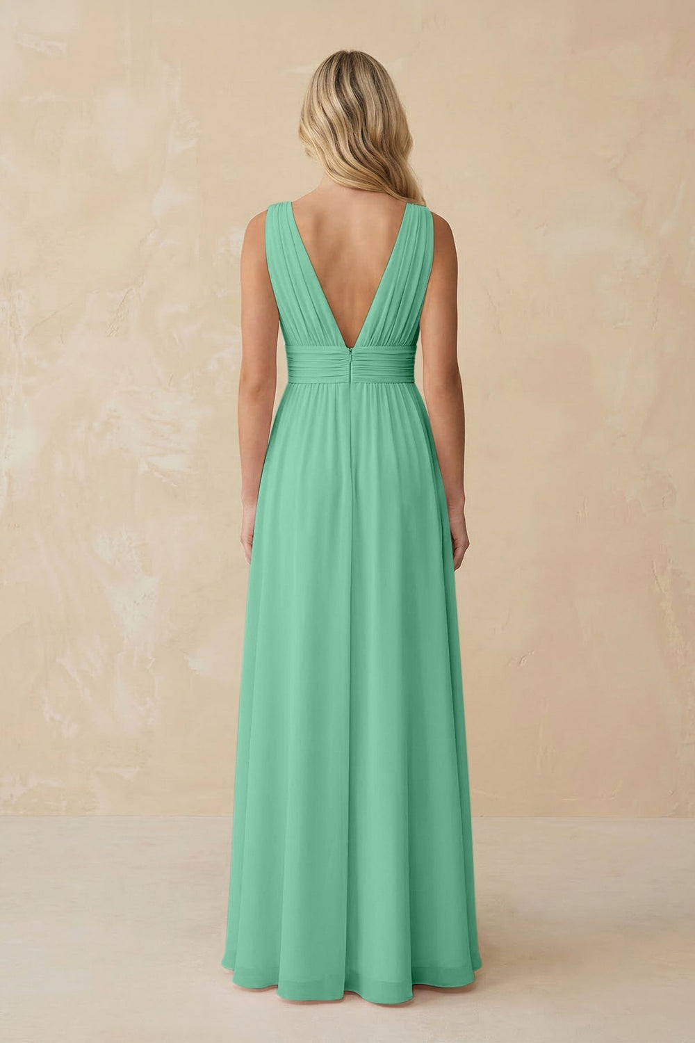 V - Neck A - Line Chiffon Ruched Bridesmaid Dress in Turquoise - KISS BRIDAL Bridesmaid Dresses