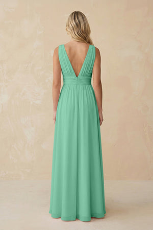 V - Neck A - Line Chiffon Ruched Bridesmaid Dress in Turquoise - SHE IS ME Bridesmaid Dresses