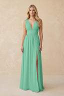 V - Neck A - Line Chiffon Ruched Bridesmaid Dress in Turquoise - SHE IS ME Bridesmaid Dresses