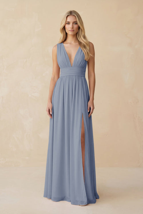 V - Neck A - Line Chiffon Ruched Bridesmaid Dress in Twilight - SHE IS ME Bridesmaid Dresses