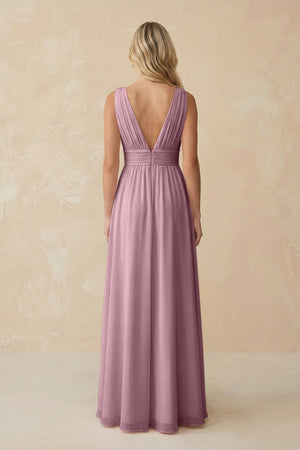 V-Neck A-Line Chiffon Ruched Bridesmaid Dress in Vintage Mauve (2) | KISSBRIDAL