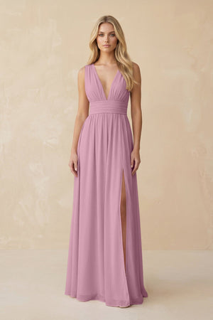 V - Neck A - Line Chiffon Ruched Bridesmaid Dress in Vintage Mauve - SHE IS ME Bridesmaid Dresses