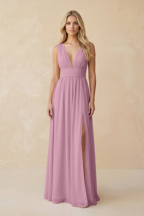 V - Neck A - Line Chiffon Ruched Bridesmaid Dress in Vintage Mauve - SHE IS ME Bridesmaid Dresses