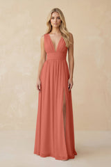 V - Neck A - Line Chiffon Ruched Bridesmaid Dress in Wild Rose - KISS BRIDAL Bridesmaid Dresses