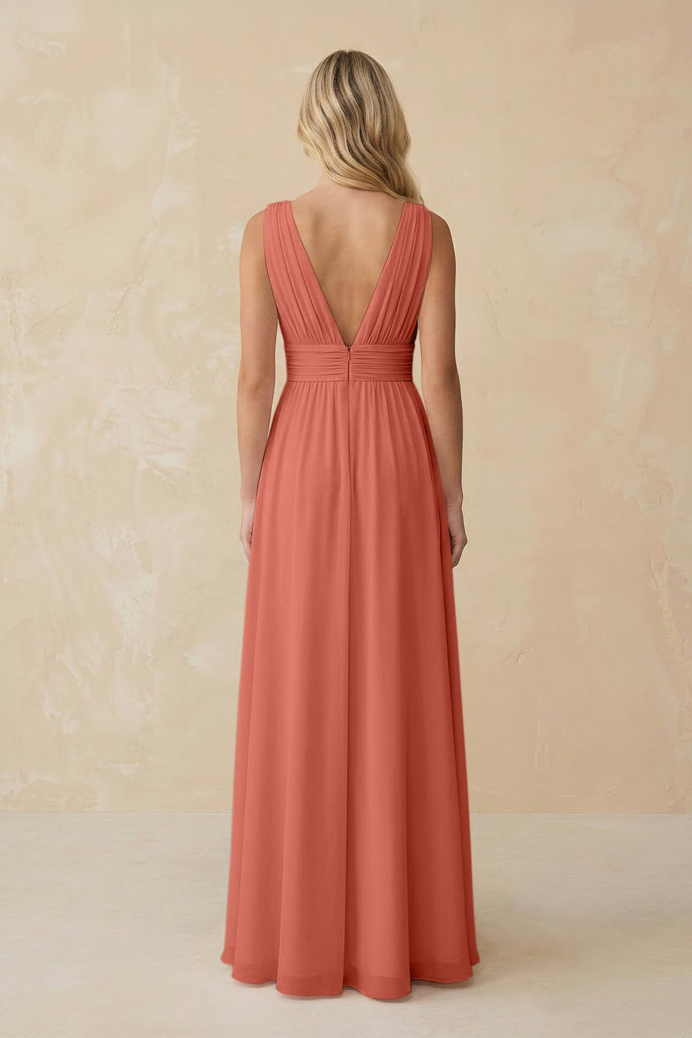 V - Neck A - Line Chiffon Ruched Bridesmaid Dress in Wild Rose - KISS BRIDAL Bridesmaid Dresses