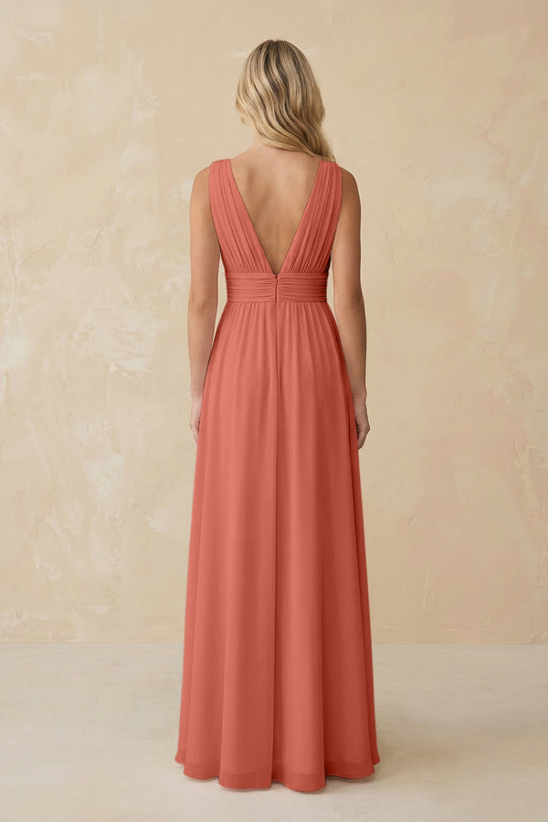V - Neck A - Line Chiffon Ruched Bridesmaid Dress in Wild Rose - SHE IS ME Bridesmaid Dresses
