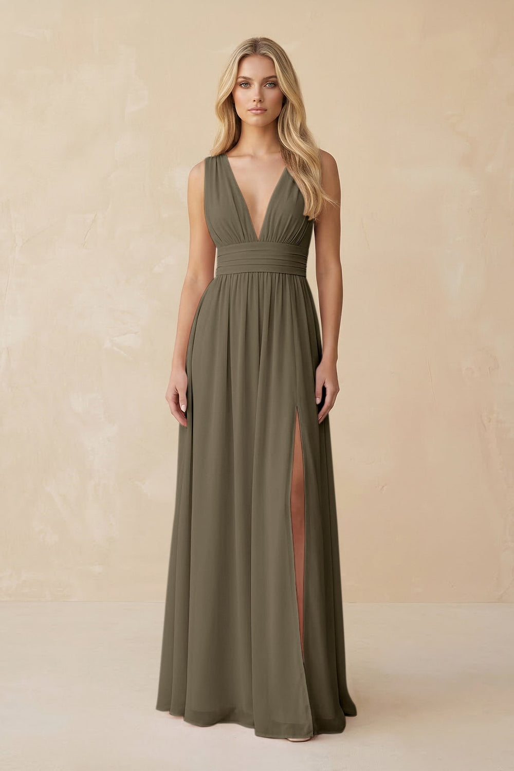 V - Neck A - Line Chiffon Ruched Bridesmaid Dress in Willow Green - KISS BRIDAL Bridesmaid Dresses