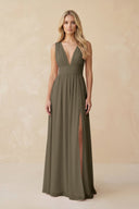 V - Neck A - Line Chiffon Ruched Bridesmaid Dress in Willow Green - SHE IS ME Bridesmaid Dresses