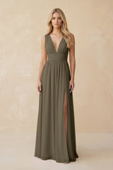 V - Neck A - Line Chiffon Ruched Bridesmaid Dress in Willow Green - KISS BRIDAL Bridesmaid Dresses