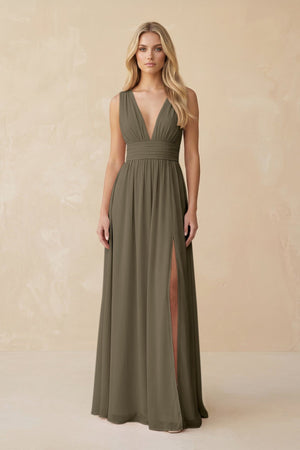 V - Neck A - Line Chiffon Ruched Bridesmaid Dress in Willow Green - SHE IS ME Bridesmaid Dresses
