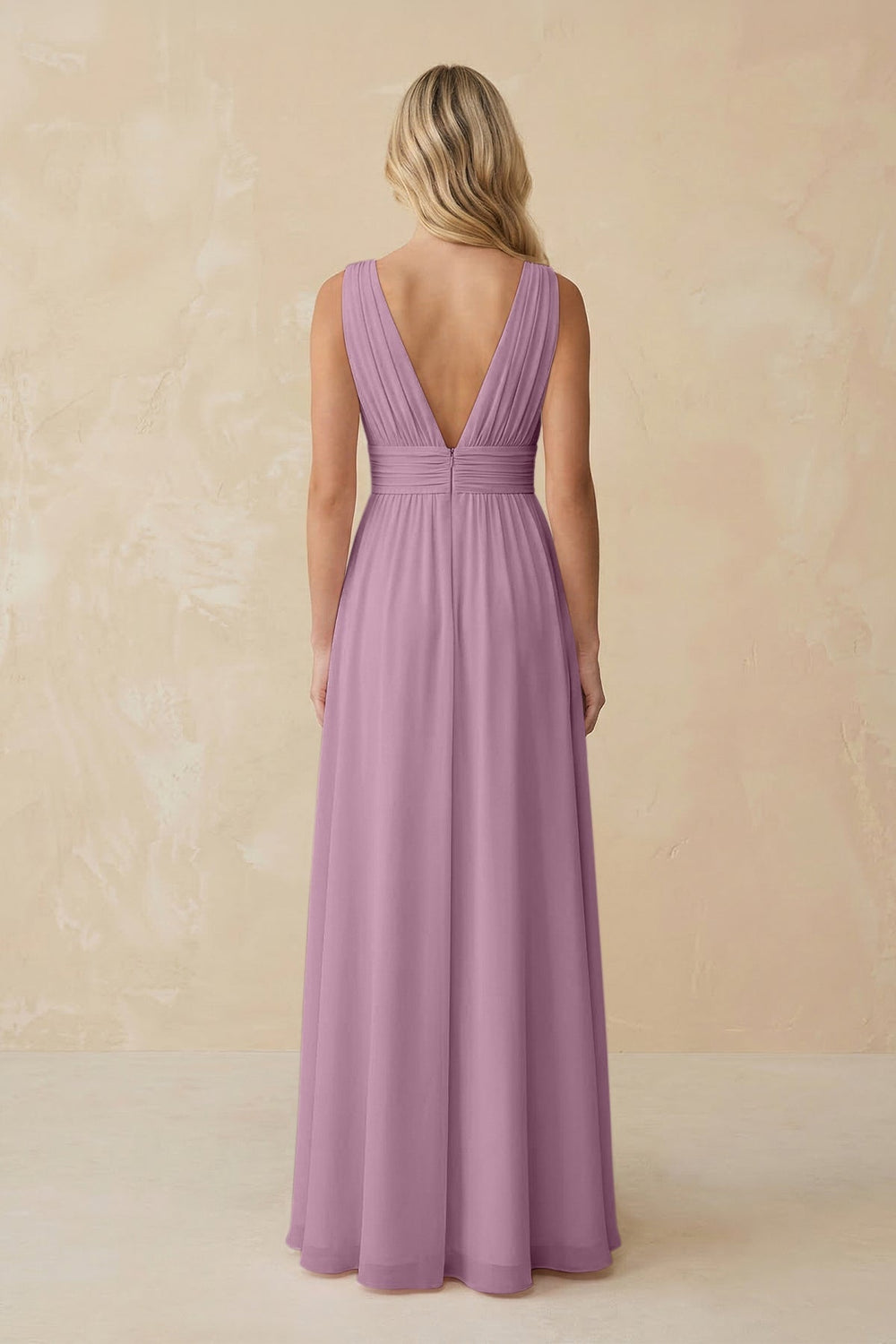 V - Neck A - Line Chiffon Ruched Bridesmaid Dress in Wisteria - KISS BRIDAL Bridesmaid Dresses