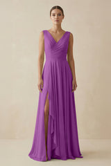V - Neck A - Line Chiffon Ruffled Bridesmaid Dress in Amethyst - KISS BRIDAL Bridesmaid Dresses