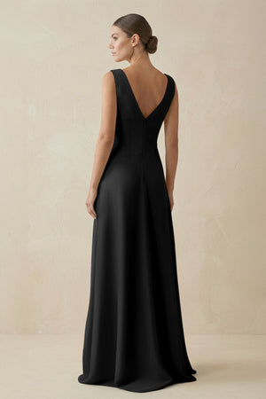 V - Neck A - Line Chiffon Ruffled Bridesmaid Dress in Black - KISS BRIDAL Bridesmaid Dresses