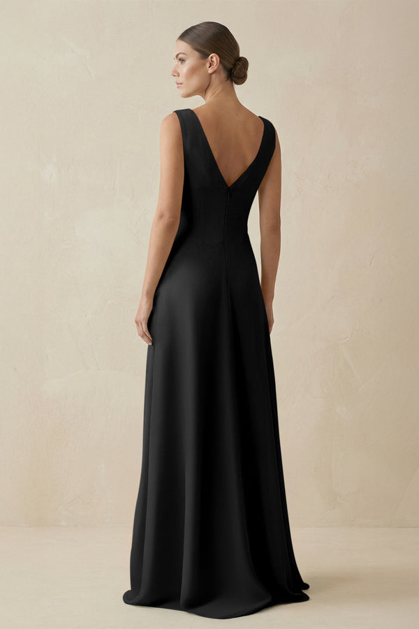 V - Neck A - Line Chiffon Ruffled Bridesmaid Dress in Black - KISS BRIDAL Bridesmaid Dresses