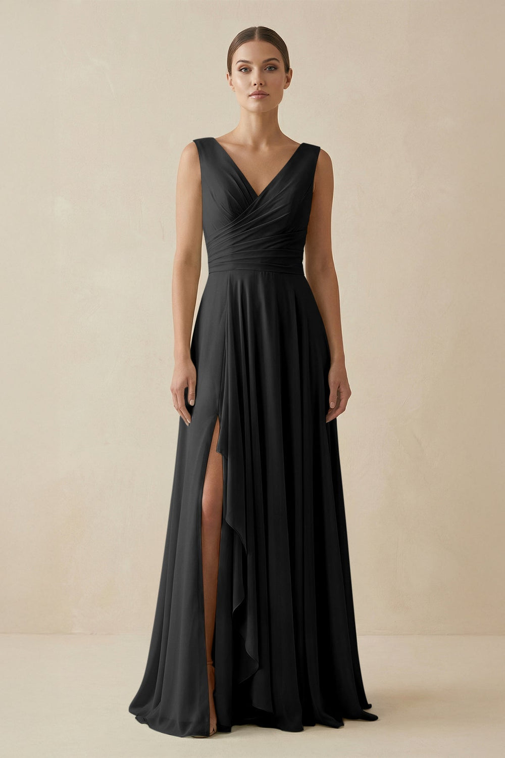 V - Neck A - Line Chiffon Ruffled Bridesmaid Dress in Black - KISS BRIDAL Bridesmaid Dresses
