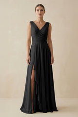 V - Neck A - Line Chiffon Ruffled Bridesmaid Dress in Black - KISS BRIDAL Bridesmaid Dresses