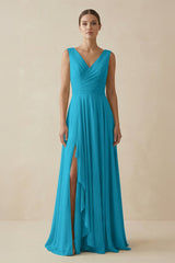V - Neck A - Line Chiffon Ruffled Bridesmaid Dress in Blue Jay - KISS BRIDAL Bridesmaid Dresses