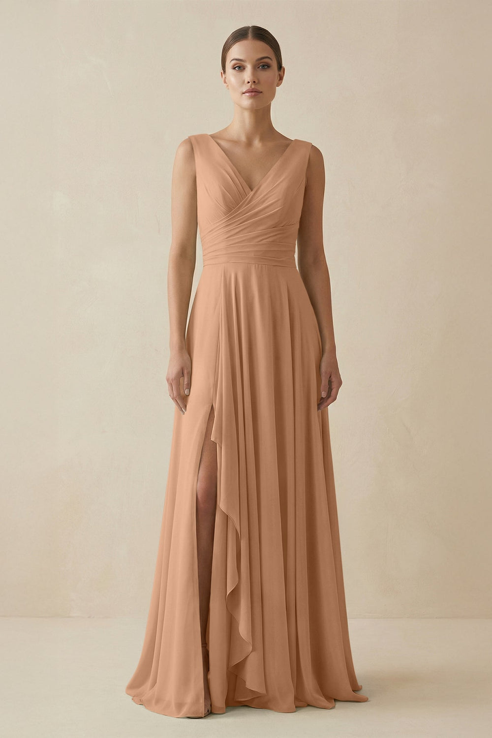 V - Neck A - Line Chiffon Ruffled Bridesmaid Dress in Bronzer - KISS BRIDAL Bridesmaid Dresses