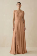 V - Neck A - Line Chiffon Ruffled Bridesmaid Dress in Bronzer - KISS BRIDAL Bridesmaid Dresses