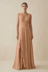 V - Neck A - Line Chiffon Ruffled Bridesmaid Dress in Bronzer - KISS BRIDAL Bridesmaid Dresses