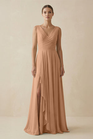 V - Neck A - Line Chiffon Ruffled Bridesmaid Dress in Bronzer - KISS BRIDAL Bridesmaid Dresses