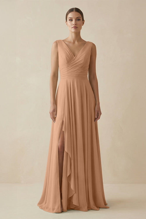 V - Neck A - Line Chiffon Ruffled Bridesmaid Dress in Bronzer - KISS BRIDAL Bridesmaid Dresses
