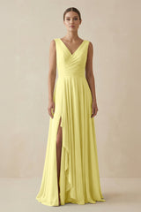 V - Neck A - Line Chiffon Ruffled Bridesmaid Dress in Buttercup - KISS BRIDAL Bridesmaid Dresses