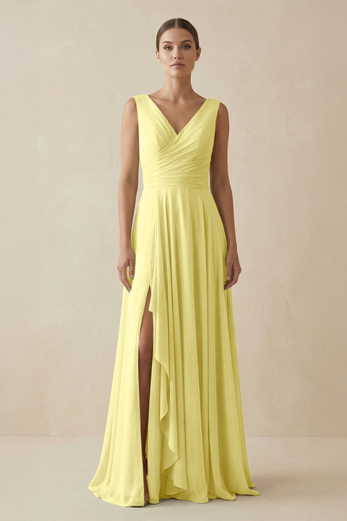 V - Neck A - Line Chiffon Ruffled Bridesmaid Dress in Buttercup - SHE IS ME Bridesmaid Dresses