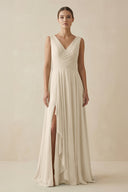 V - Neck A - Line Chiffon Ruffled Bridesmaid Dress in Champagne - SHE IS ME Bridesmaid Dresses