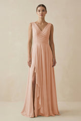V - Neck A - Line Chiffon Ruffled Bridesmaid Dress in Champagne Rose - KISS BRIDAL Bridesmaid Dresses