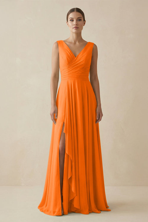V - Neck A - Line Chiffon Ruffled Bridesmaid Dress in Cinnamon - SHE IS ME Bridesmaid Dresses