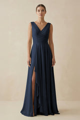 V - Neck A - Line Chiffon Ruffled Bridesmaid Dress in Dark Navy - KISS BRIDAL Bridesmaid Dresses