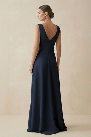 V - Neck A - Line Chiffon Ruffled Bridesmaid Dress in Dark Navy - KISS BRIDAL Bridesmaid Dresses