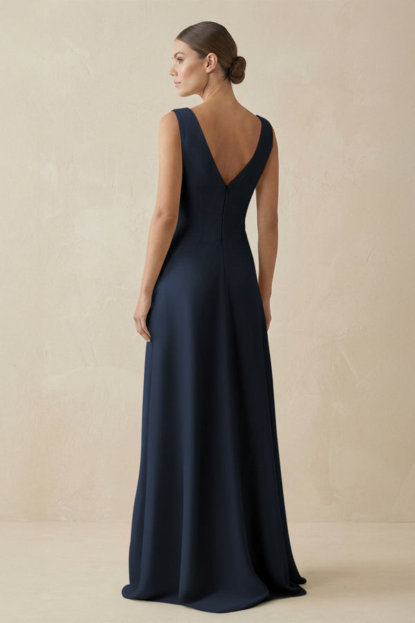 V - Neck A - Line Chiffon Ruffled Bridesmaid Dress in Dark Navy - KISS BRIDAL Bridesmaid Dresses