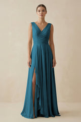 V - Neck A - Line Chiffon Ruffled Bridesmaid Dress in Dark Teal - KISS BRIDAL Bridesmaid Dresses