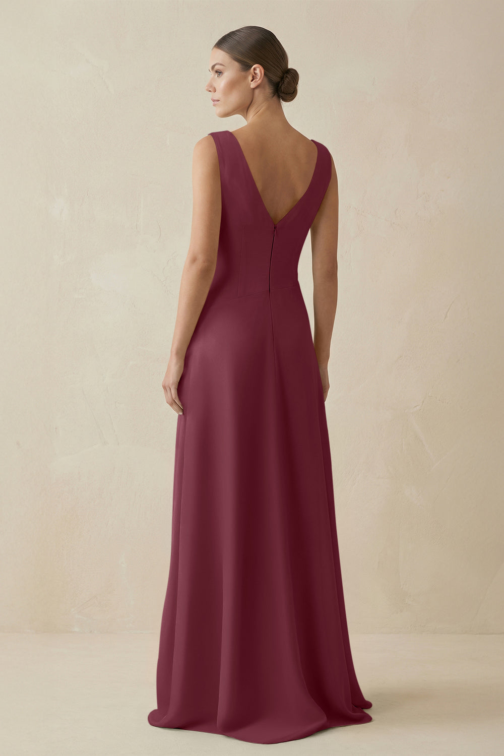 V-Neck A-Line Chiffon Ruffled Bridesmaid Dress in Desert Rose