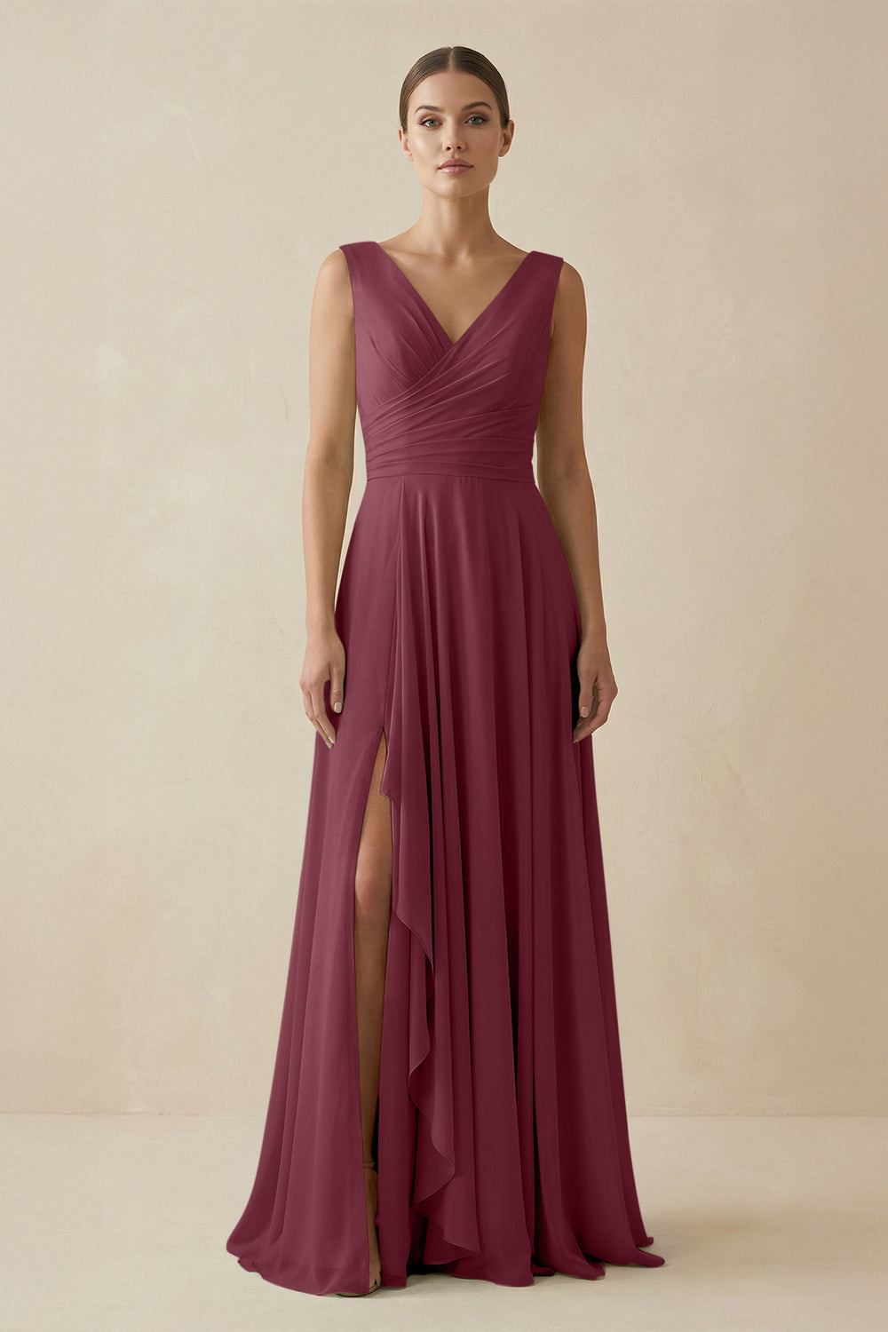 V-Neck A-Line Chiffon Ruffled Bridesmaid Dress in Desert Rose