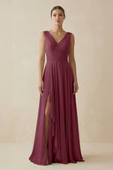 V-Neck A-Line Chiffon Ruffled Bridesmaid Dress in Desert Rose | KISSBRIDAL